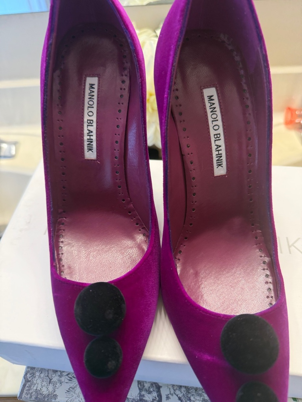 Manolo Blahnik Magenta Velvet Pointed Toe Pumps with Black Velvet Buttons